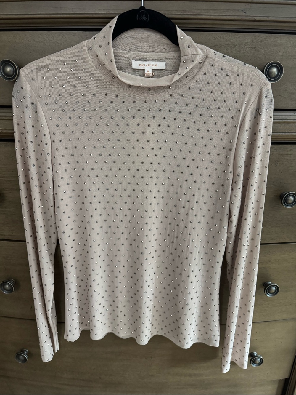 Skies Are Blue Beige Mesh Studded Mock Neck Top